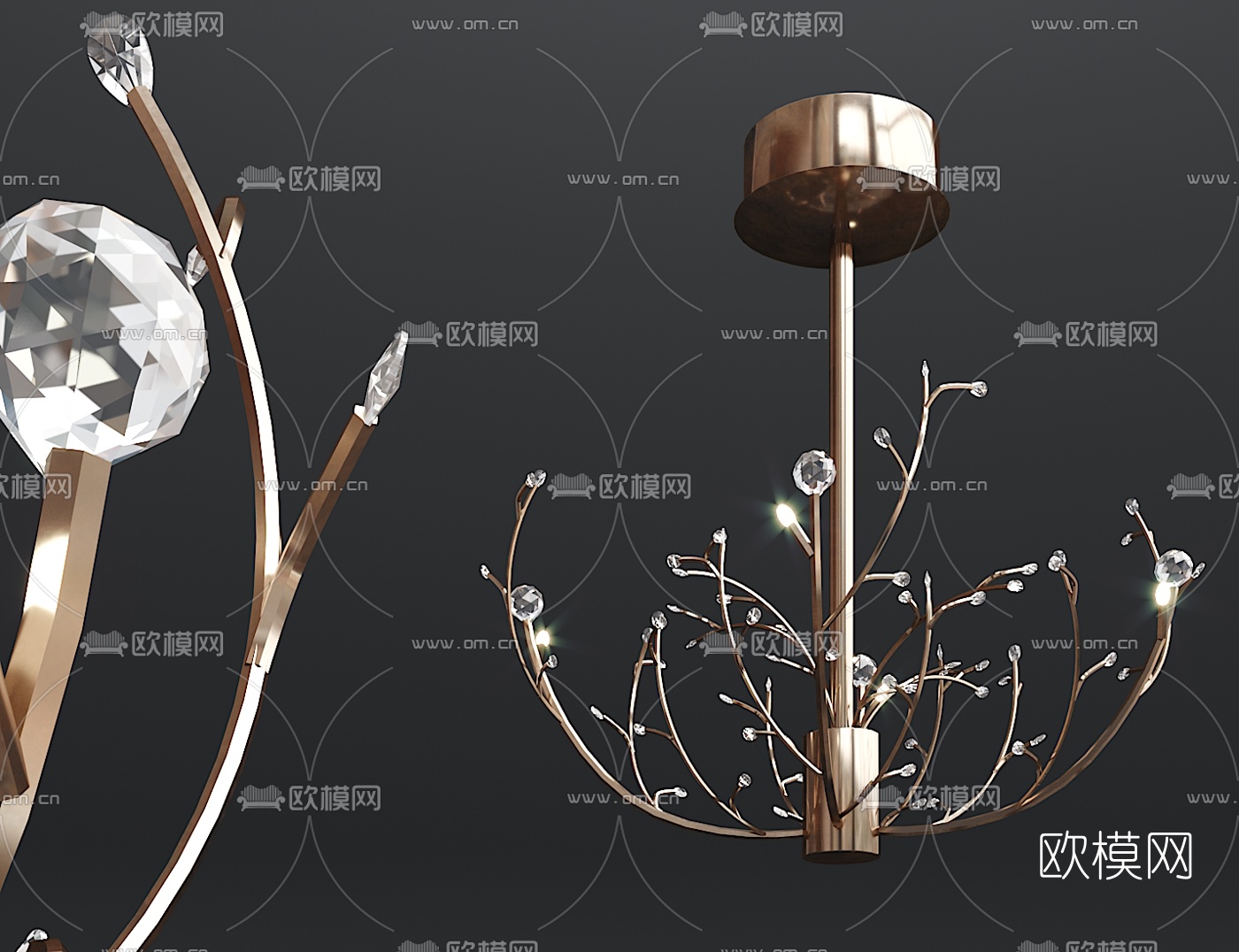 现代金属水晶花枝吊灯3d模型