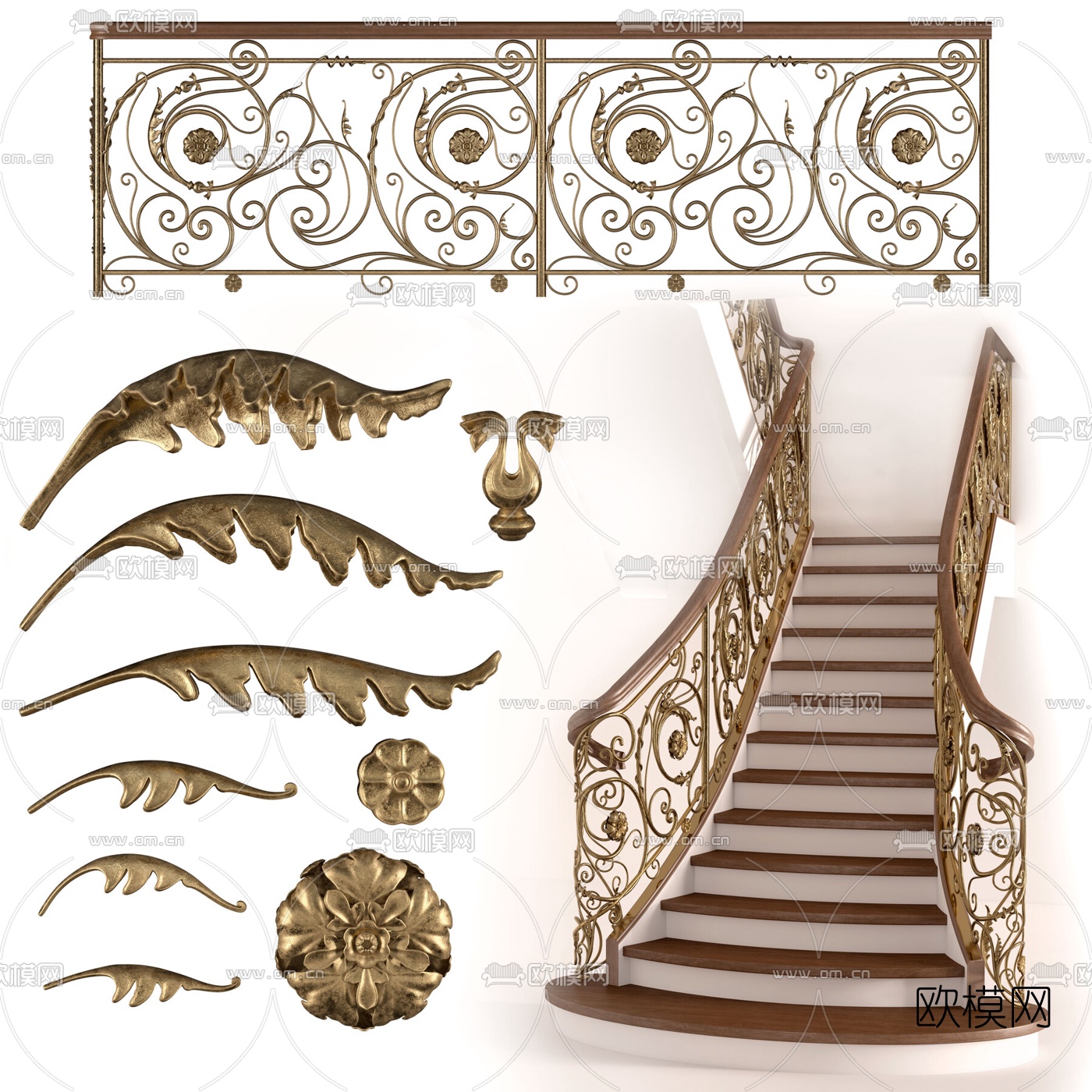 欧式铁艺雕花楼梯3d模型下载（渲染图1）