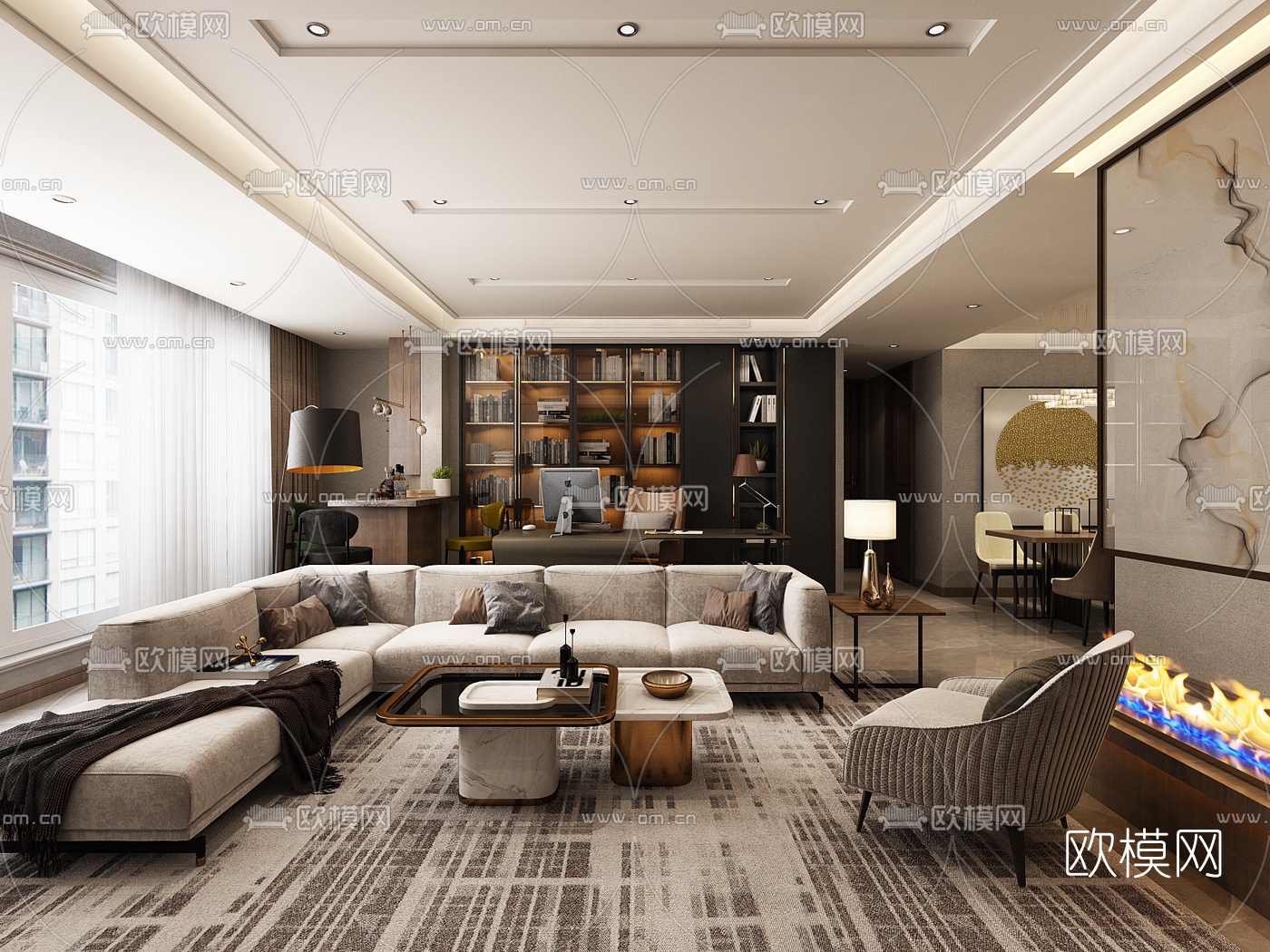 后现代客厅书房3d模型下载（渲染图1）