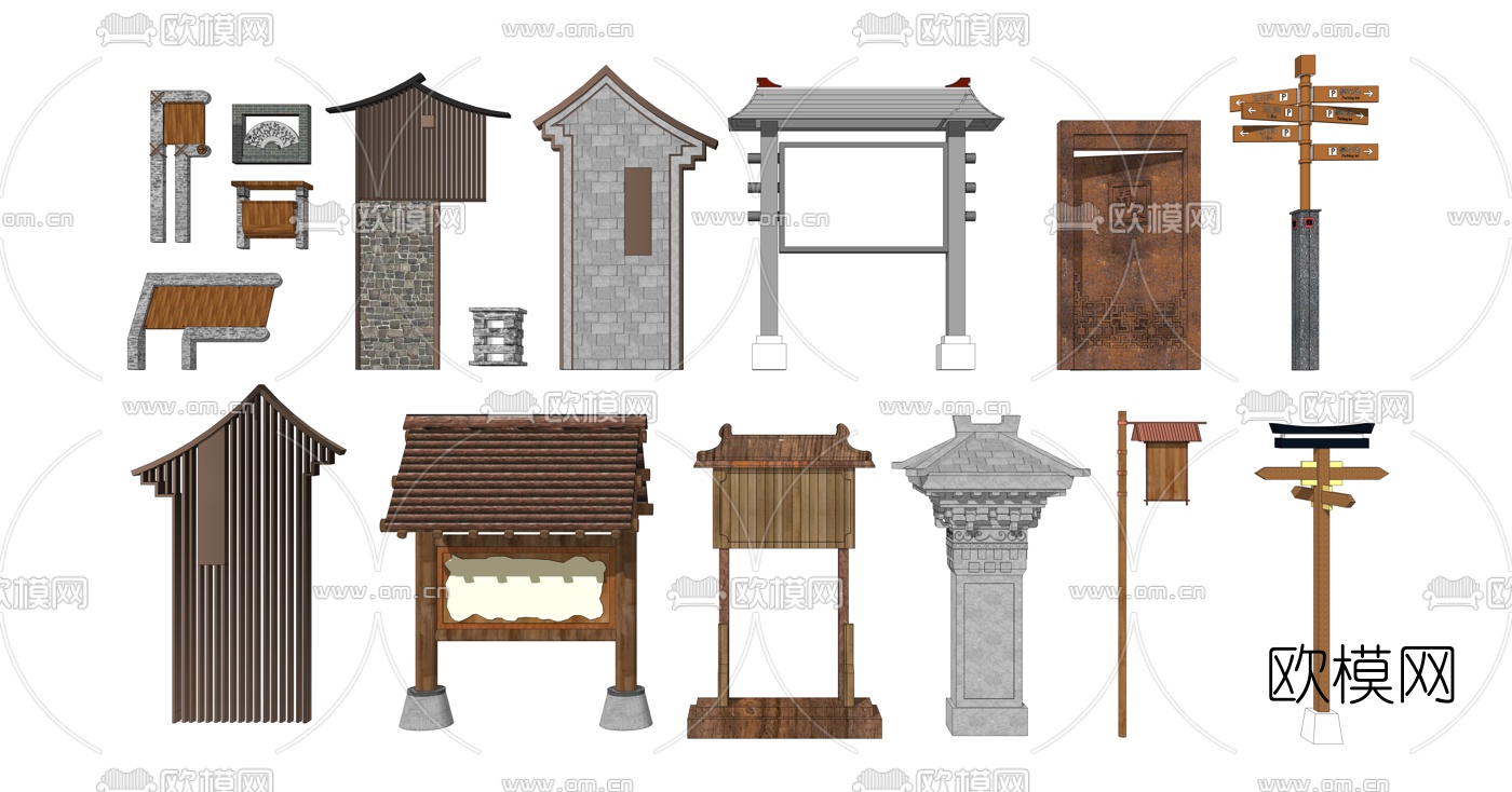 新中式标识牌导视牌指示牌su模型下载