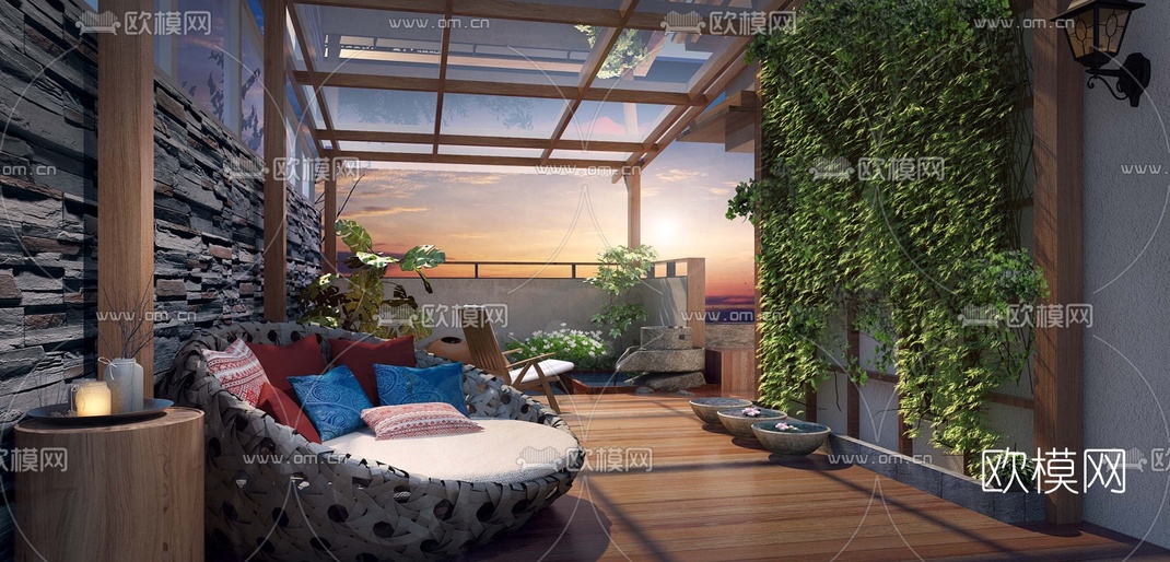 现代阳台花园3D模型-免费3dmax模型库-欧模网