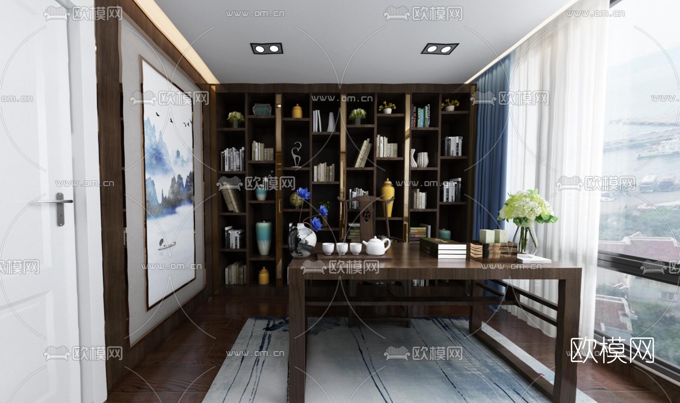 新中式书房全景3D模型