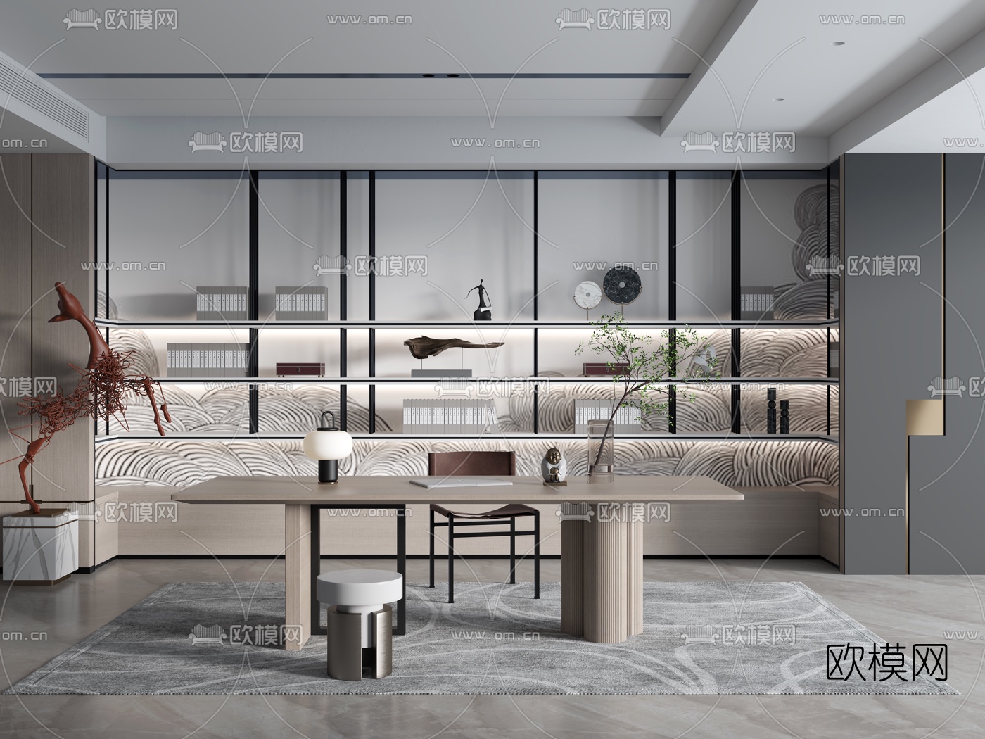 新中式实木书桌椅3d模型下载（渲染图1）