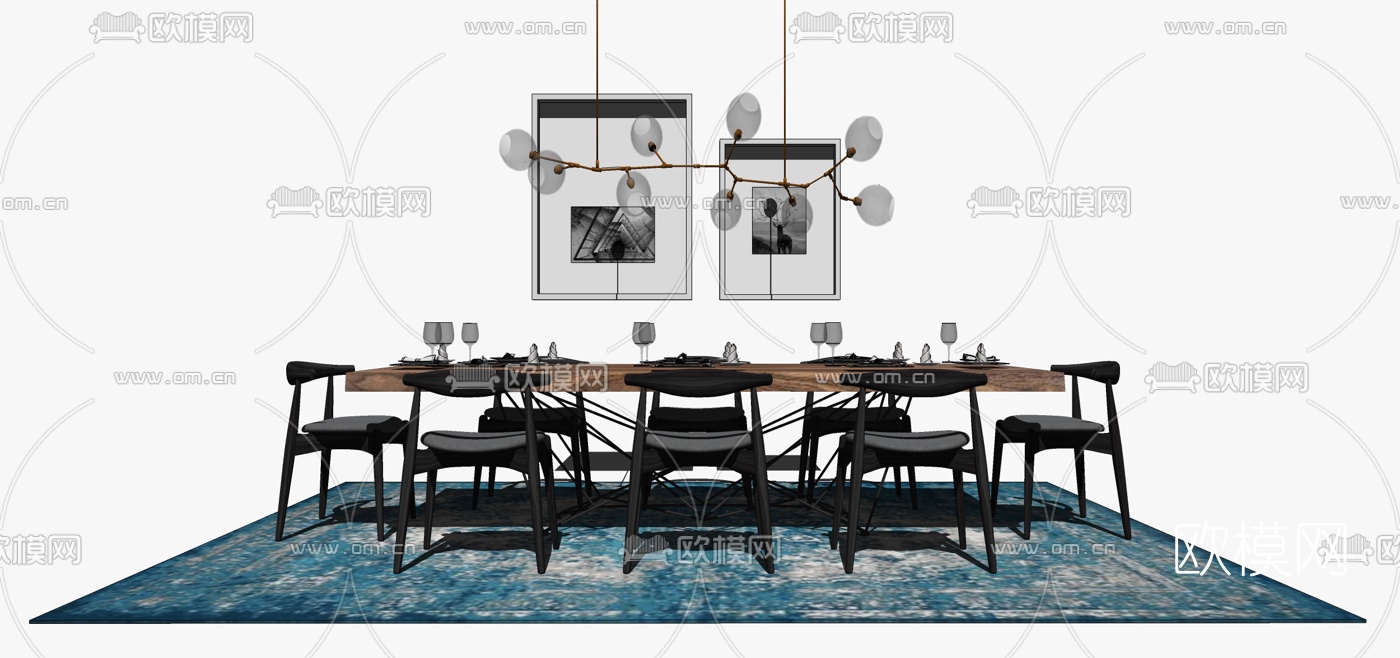 工业风实木餐桌椅su模型下载