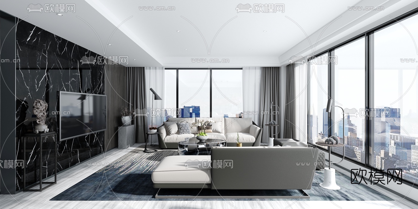 现代高级灰客厅餐厅3d模型下载（渲染图1）