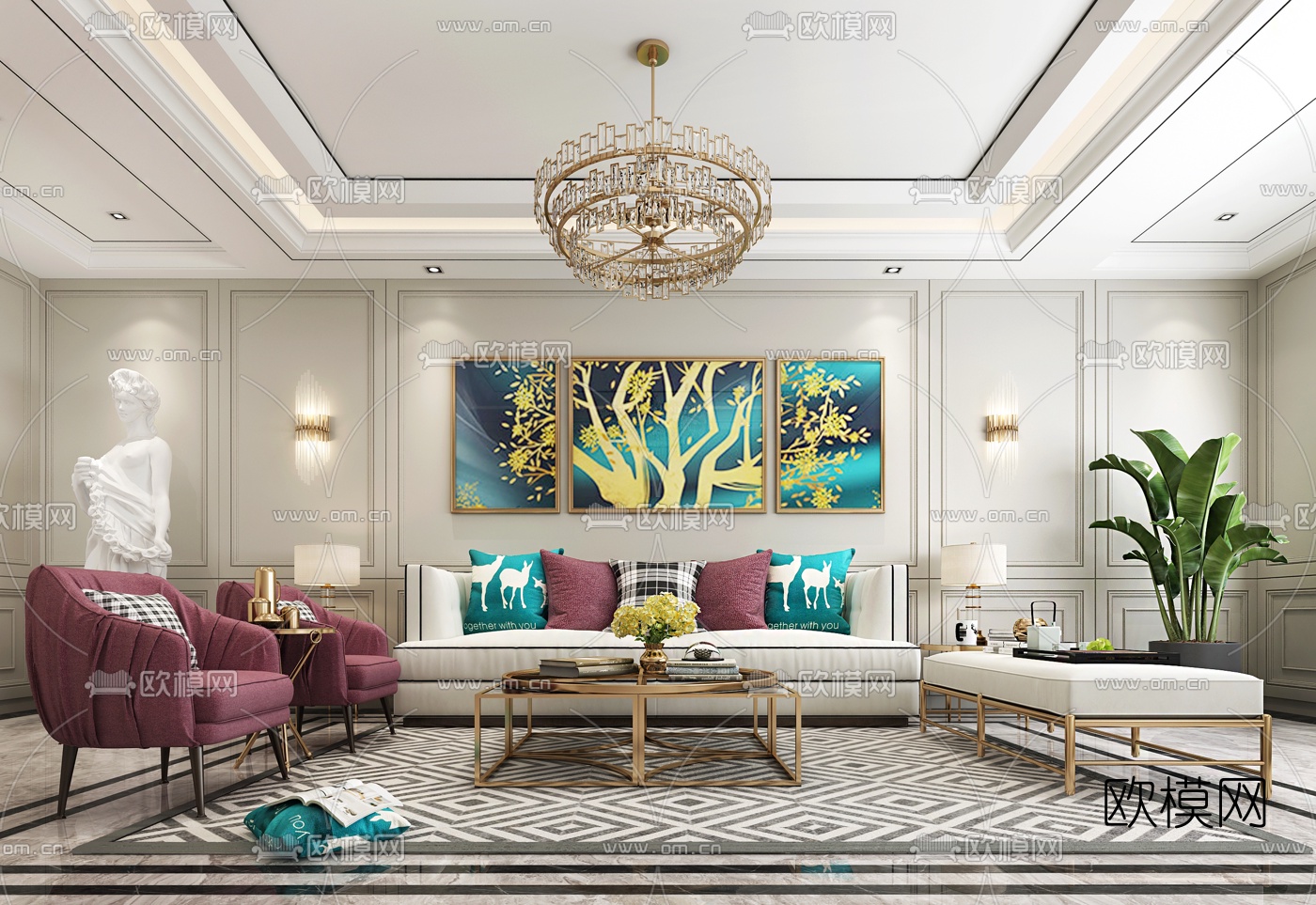 简欧轻奢布艺沙发组合3d模型下载