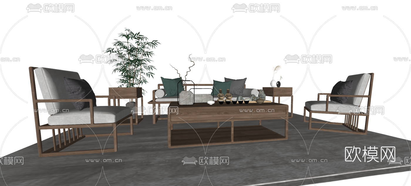 新中式布艺沙发组合su模型下载（渲染图1）