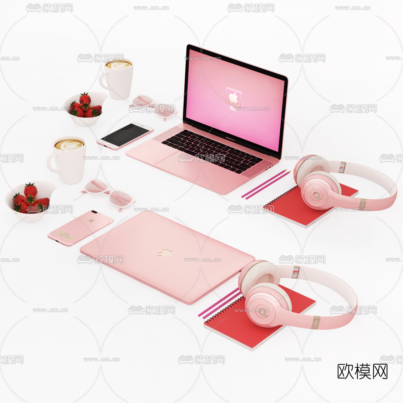 现代苹果笔记本手机办公用品组合3d模型下载（渲染图1）