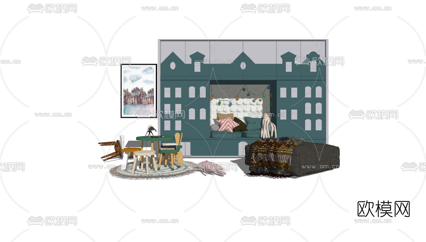 现代儿童桌椅柜子组合su模型下载（渲染图2）