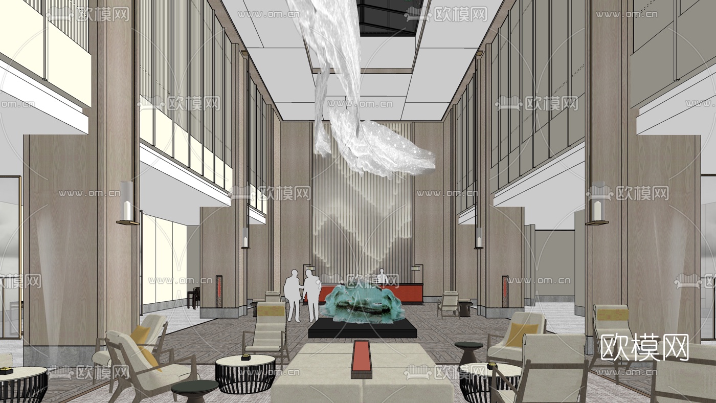新中式酒店大堂su模型
