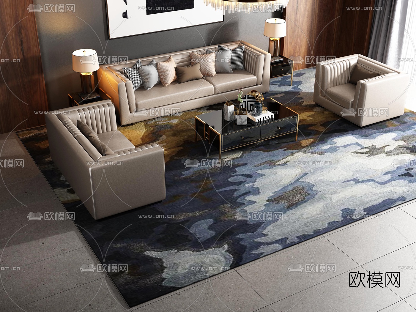 现代轻奢皮革沙发组合3d模型-免费3dmax模型库-欧模网