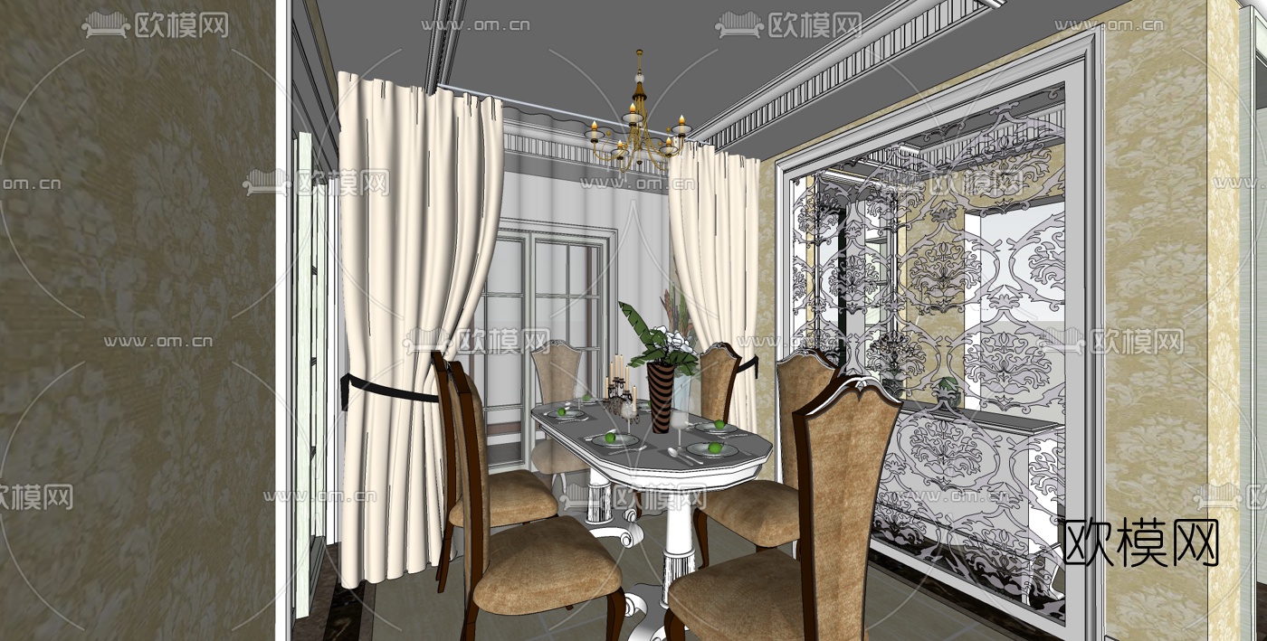 欧式客餐厅su模型下载（渲染图2）