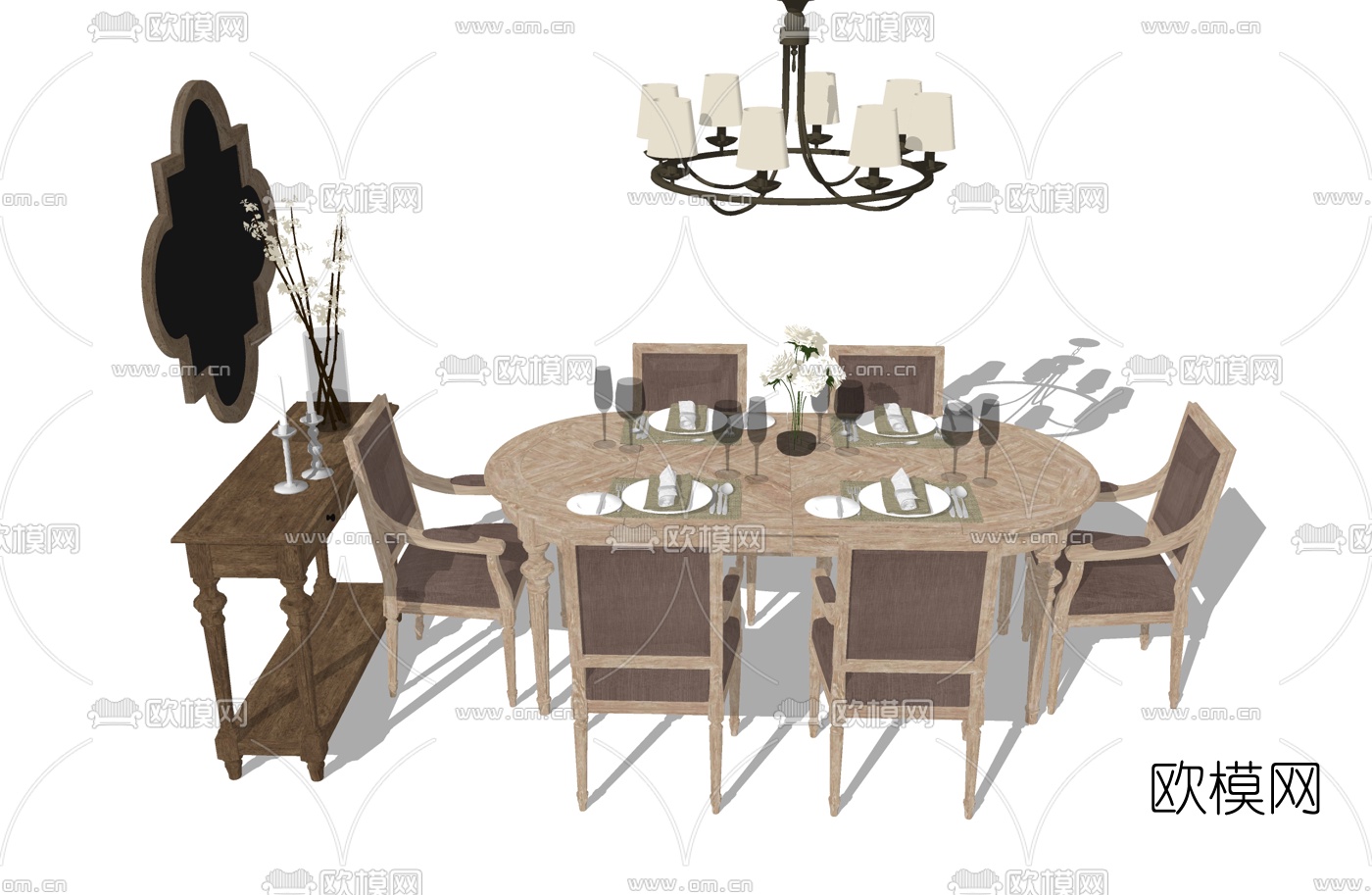 美式实木餐桌椅su模型下载