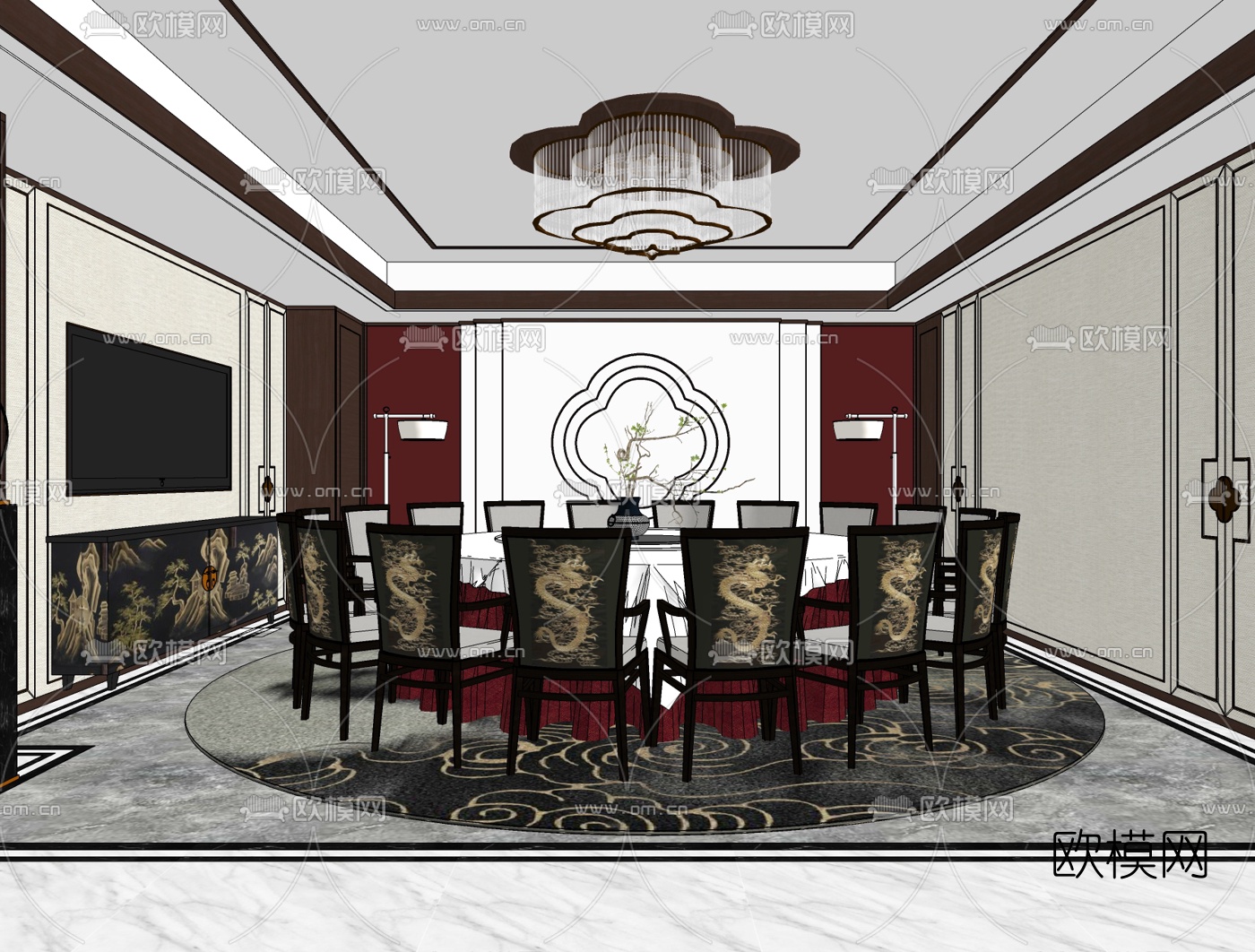 新中式餐厅包厢su模型下载（渲染图2）