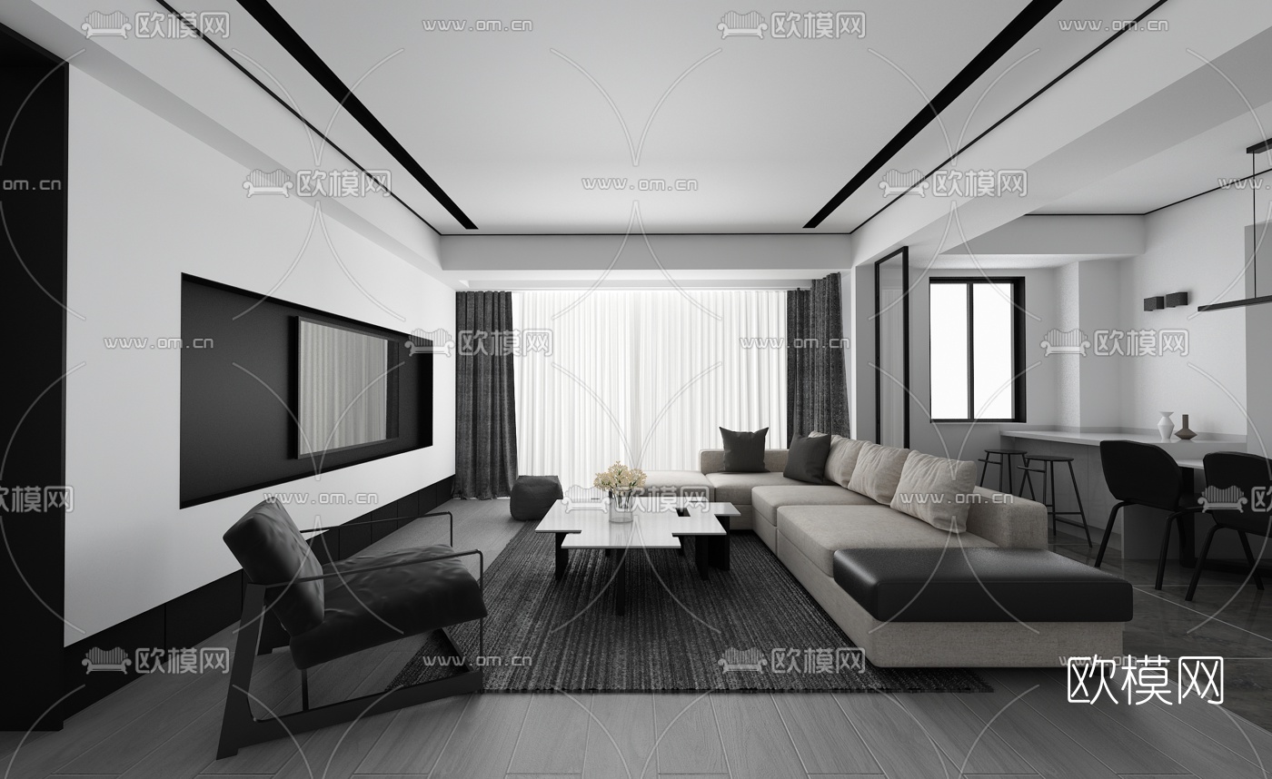 R'sYard缪茹空间设计 现代高级灰客厅餐厅3d模型