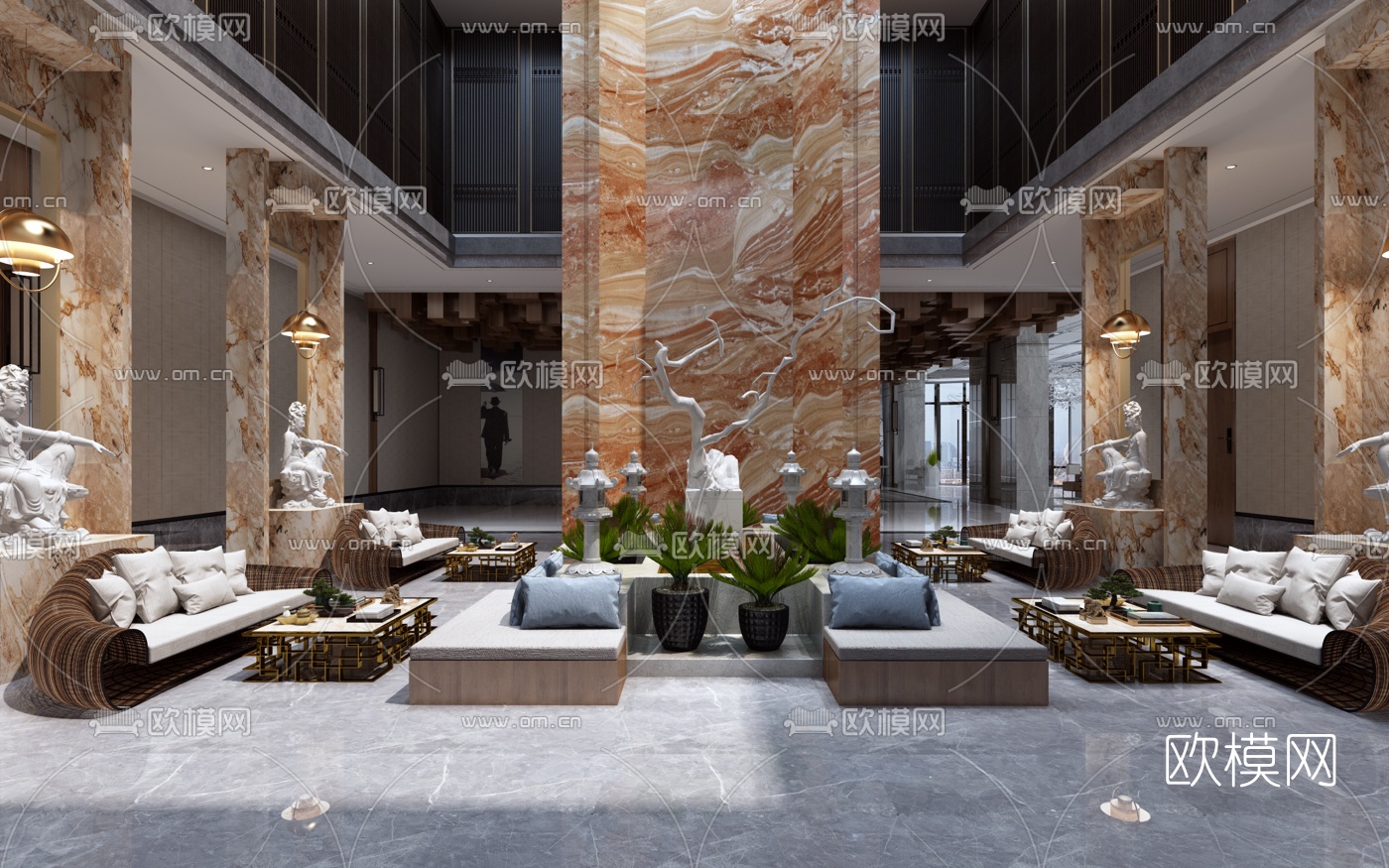 新中式酒店大堂休息区3d模型下载