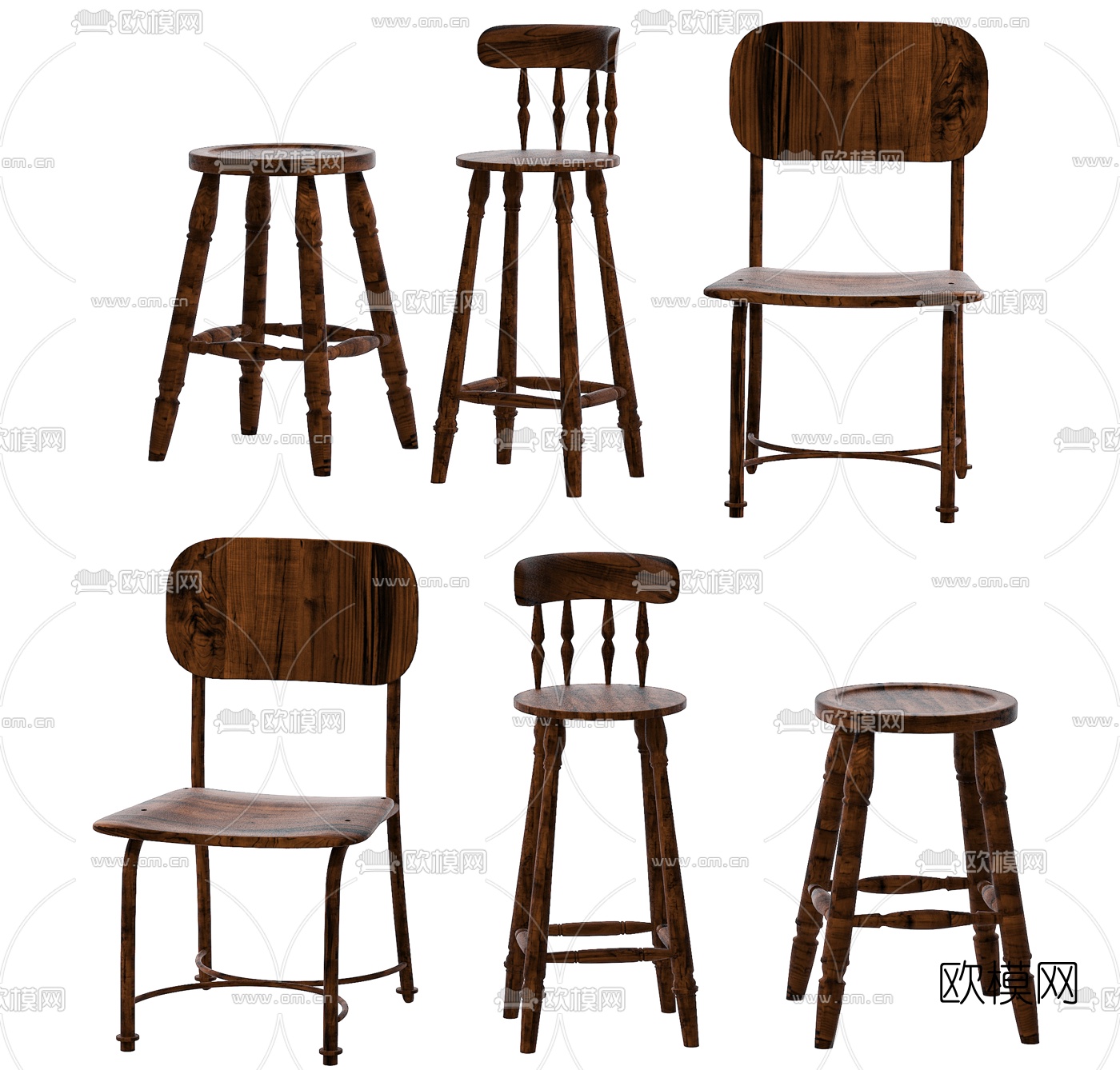 美式实木吧台椅单椅3d模型下载