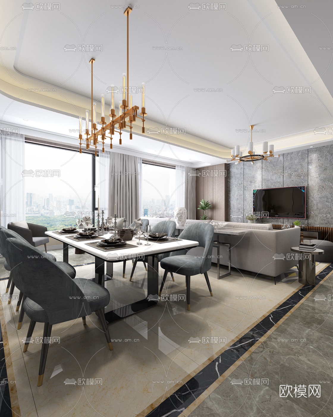 现代客厅餐厅门厅3D模型