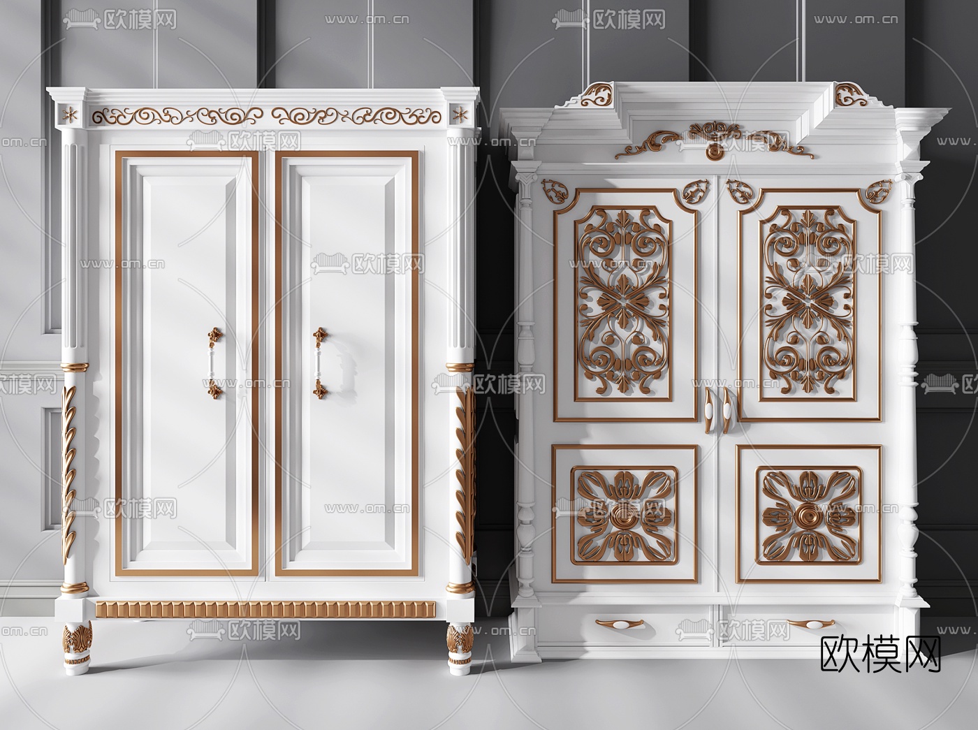 欧式实木衣柜组合3D模型下载