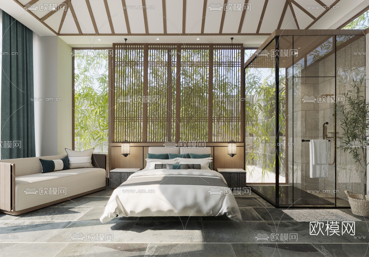 新中式民宿客房免费3d模型下载（渲染图2）