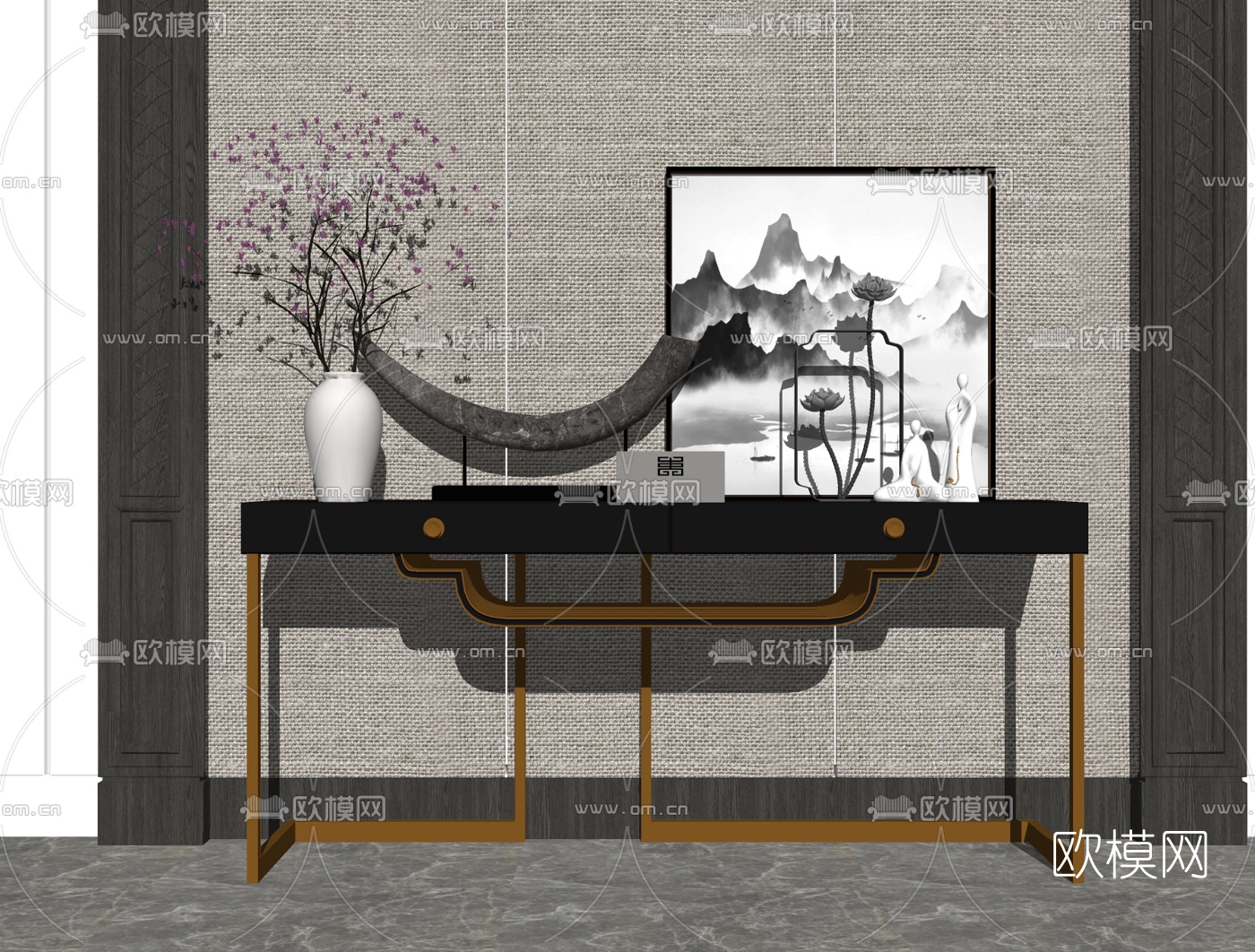 新中式玄关端景柜su模型下载（渲染图2）