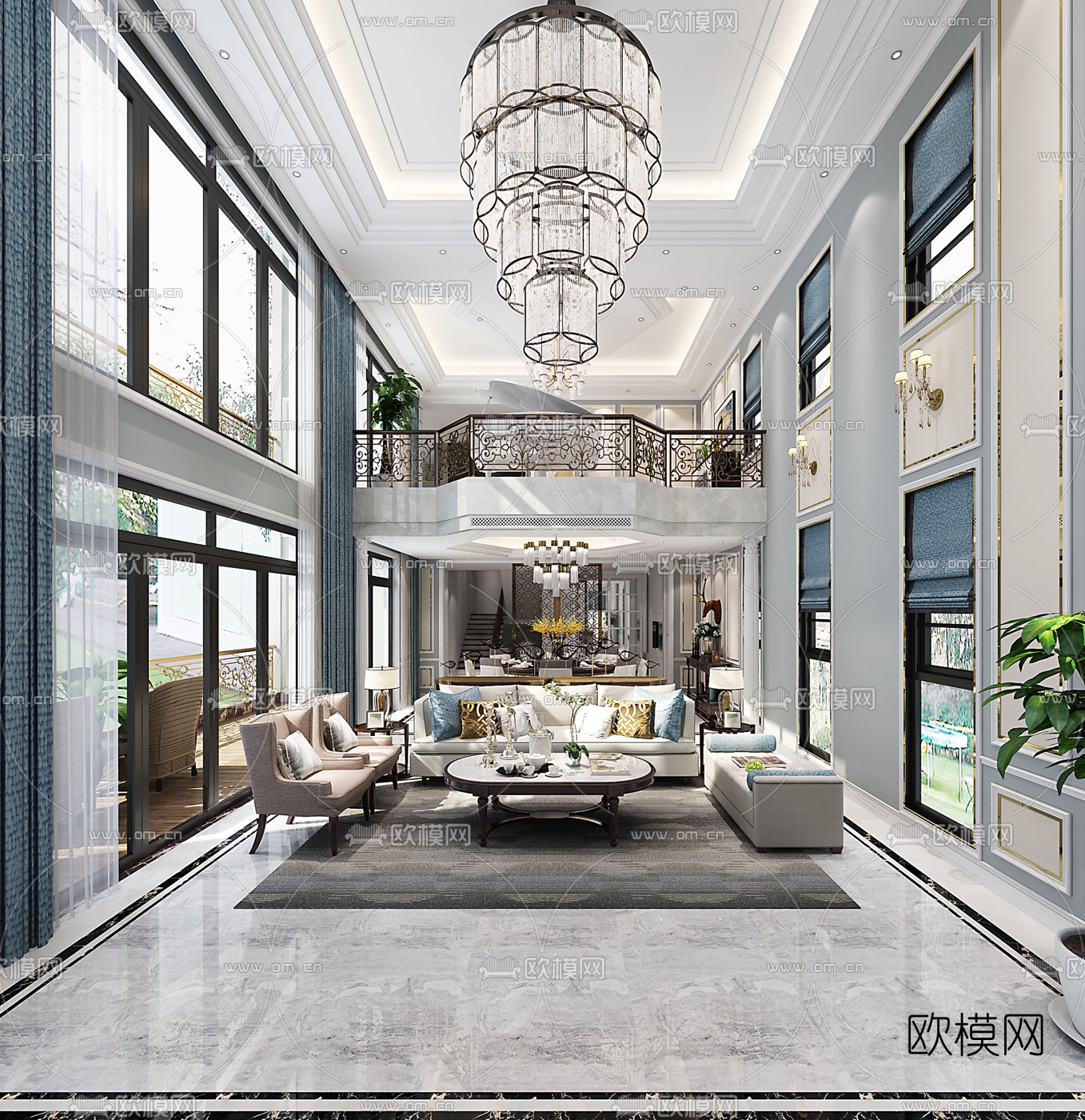 新古典别墅客厅餐厅3D模型下载