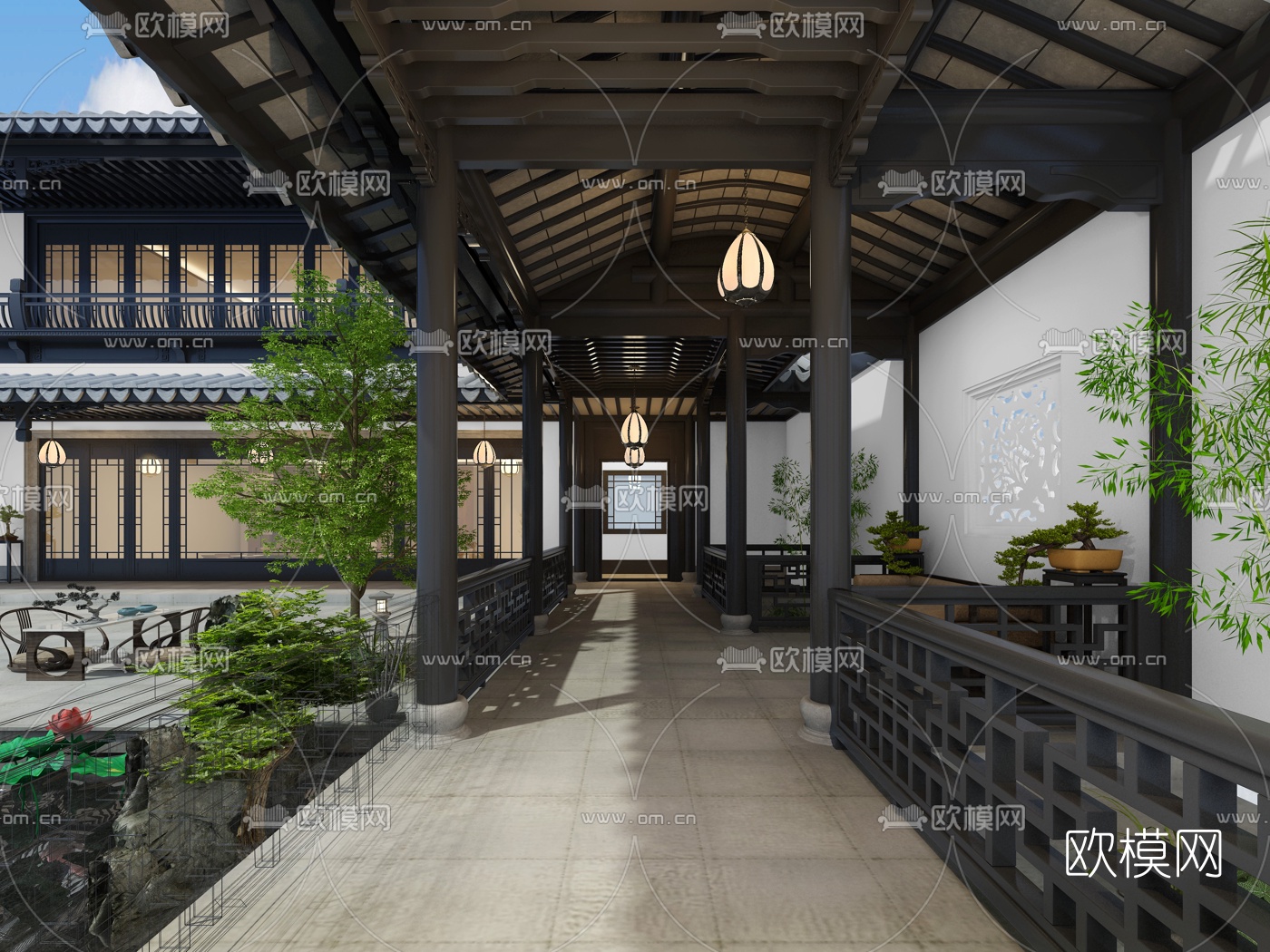 新中式庭院走廊3d模型下载