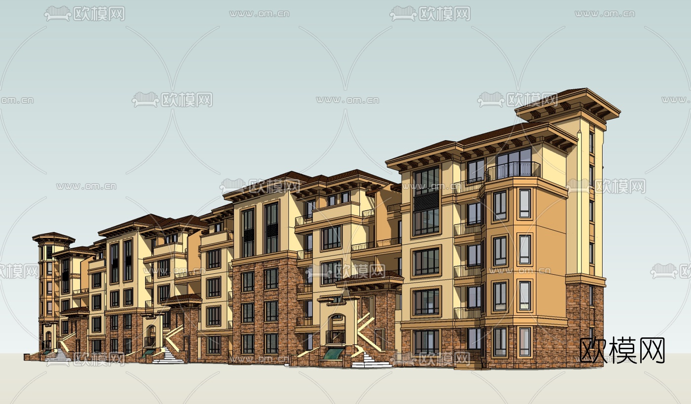 欧式连排别墅su模型下载（渲染图1）