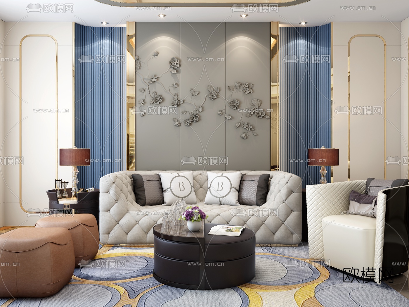 现代沙发茶几背景墙组合3D模型-免费3dmax模型库-欧模网
