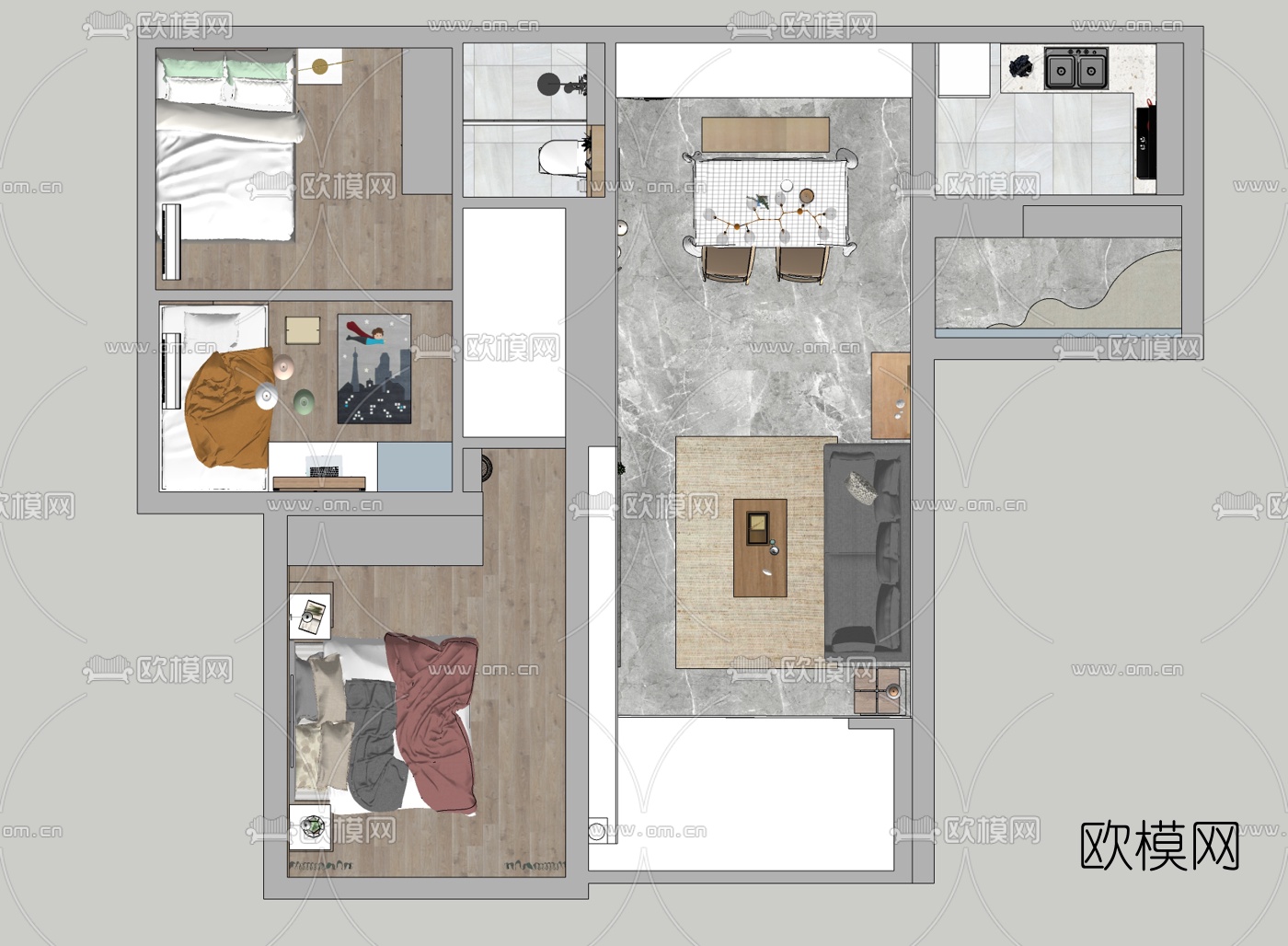 北欧客厅餐厅su模型下载（渲染图5）