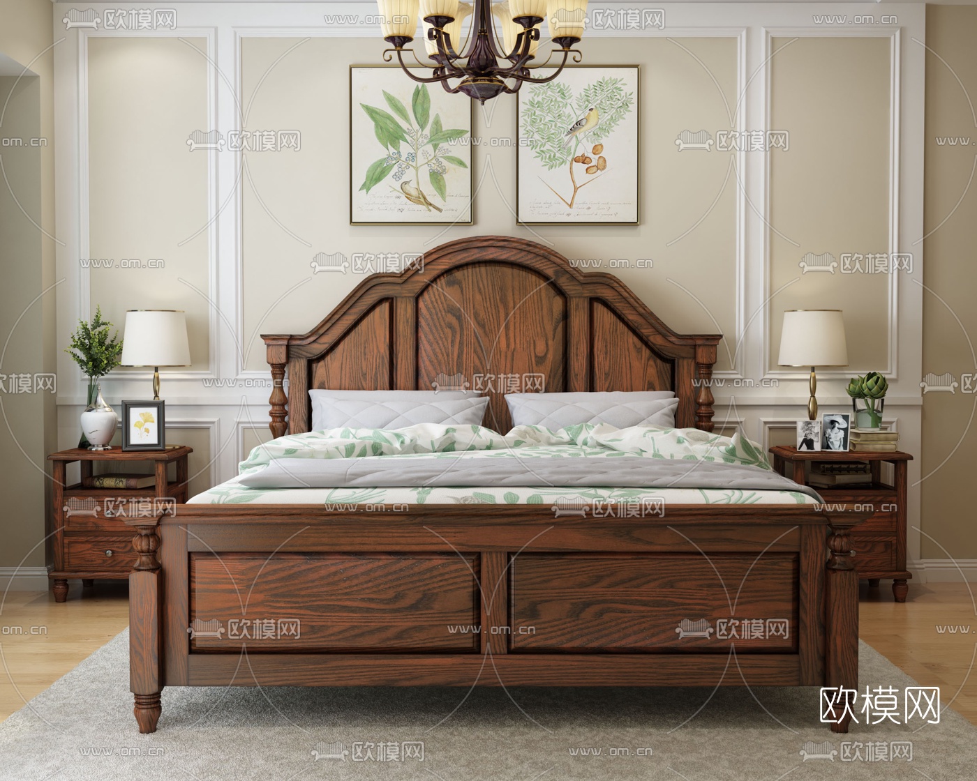 美式实木双人床3d模型下载（渲染图2）