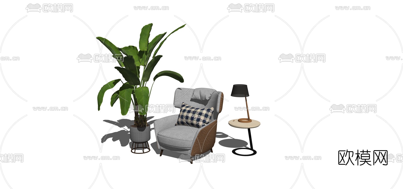 现代休闲椅边几组合su模型下载（渲染图1）