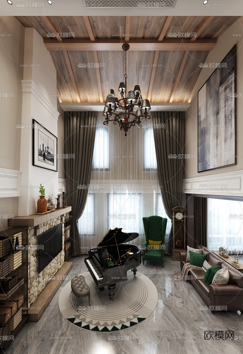 美式别墅混搭客厅楼梯玄关书房3d模型下载（渲染图6）