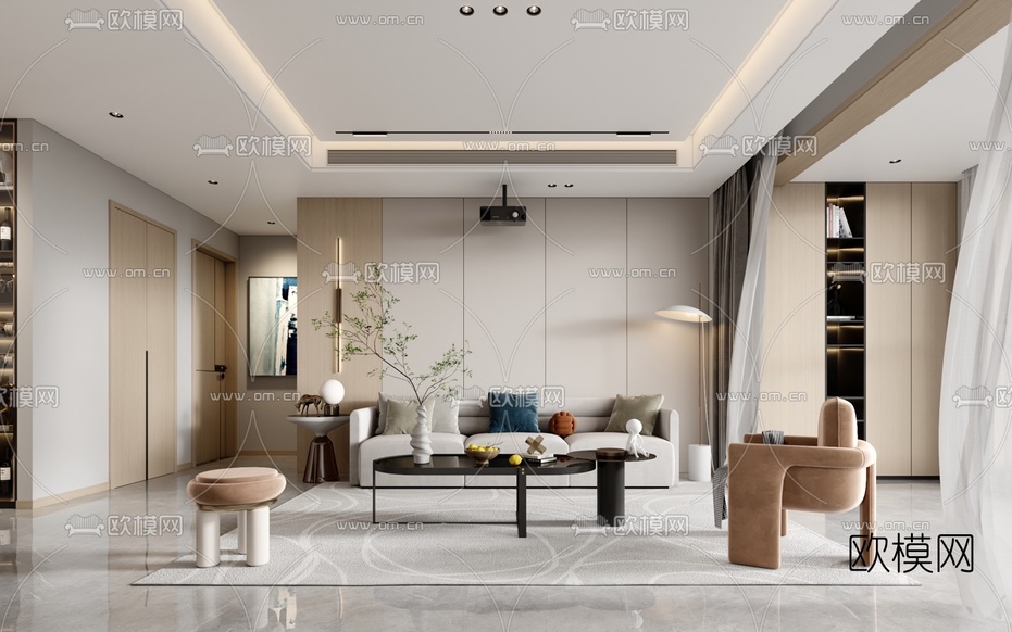 现代客厅餐厅3d模型下载(渲染图1)