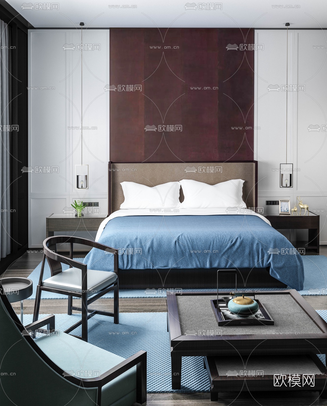 新中式卧室主人房3d模型下载