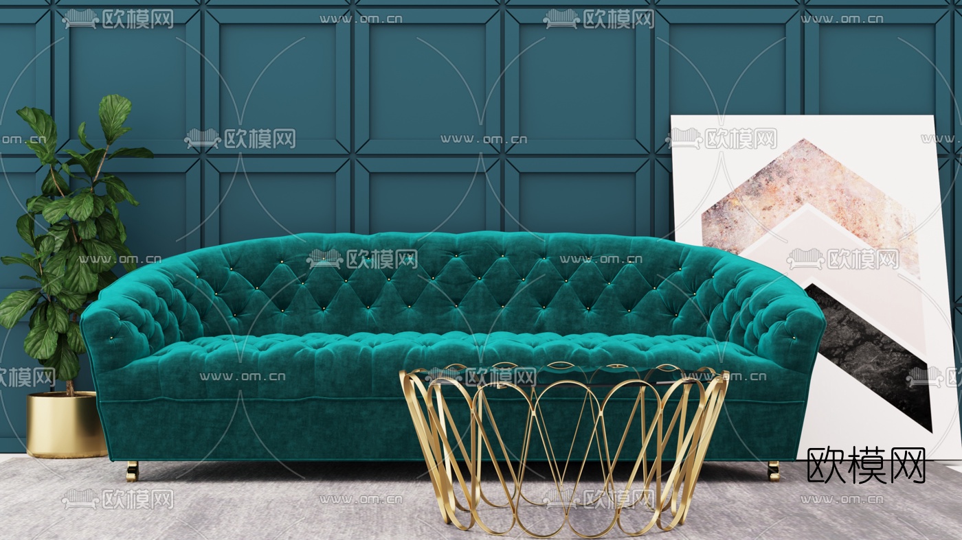 简欧绒布多人沙发3d模型下载（渲染图1）