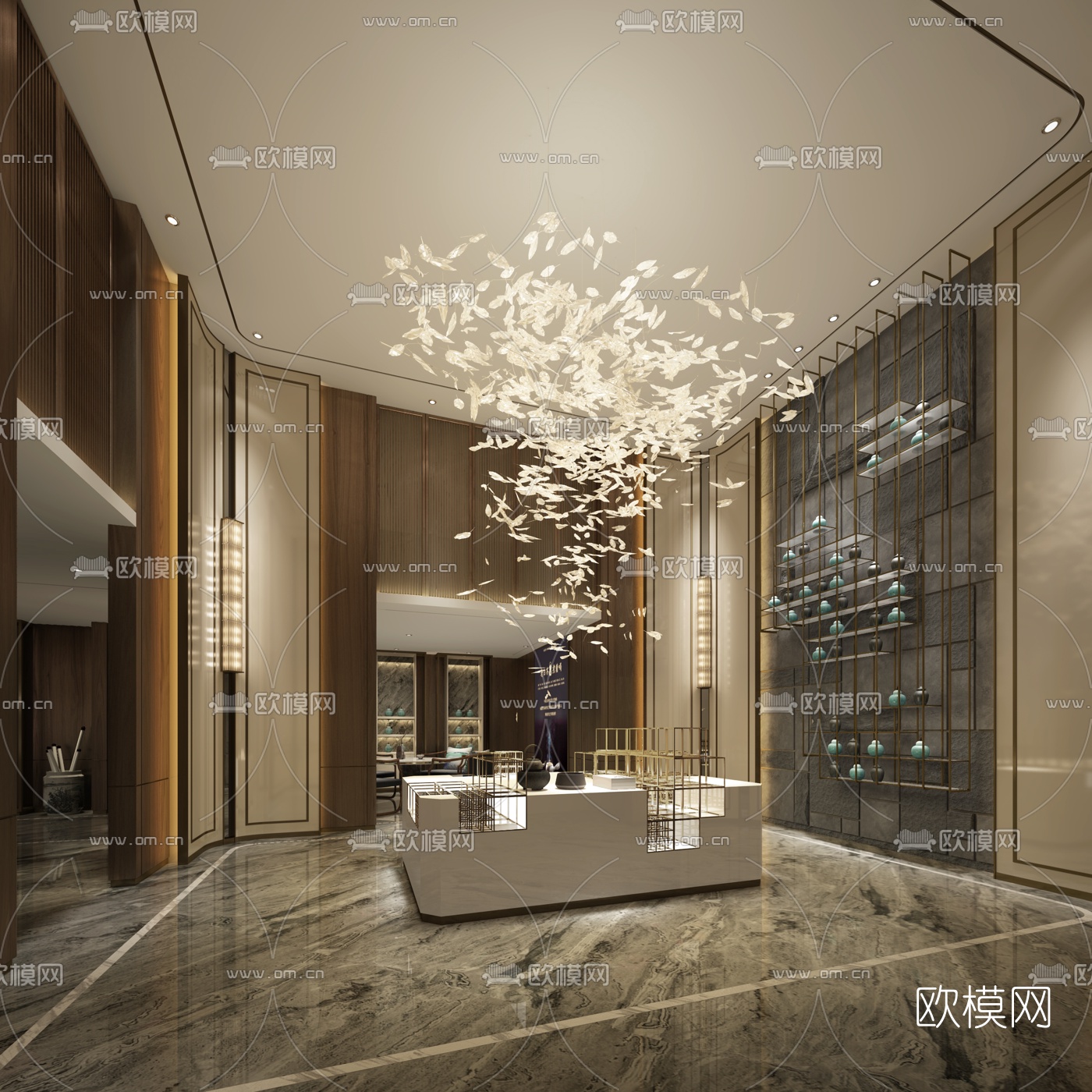 新中式茶会所大堂茶室3d模型下载（渲染图1）