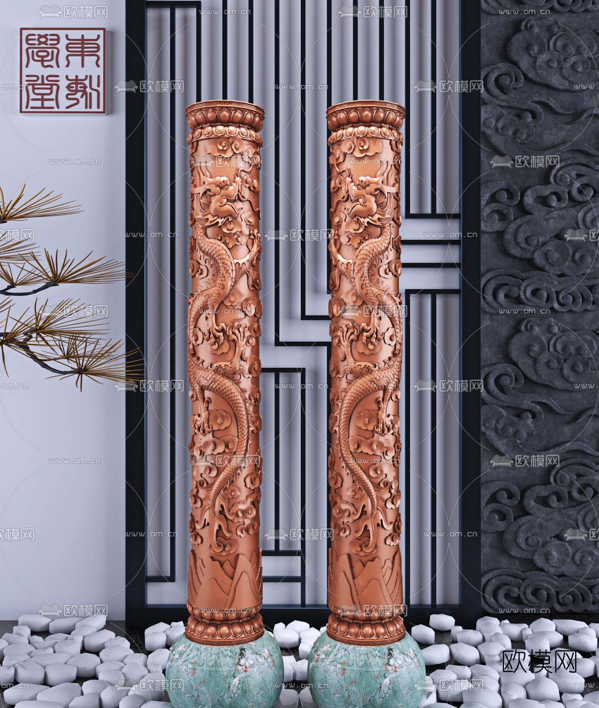 新中式莲花底座腾龙柱3d模型