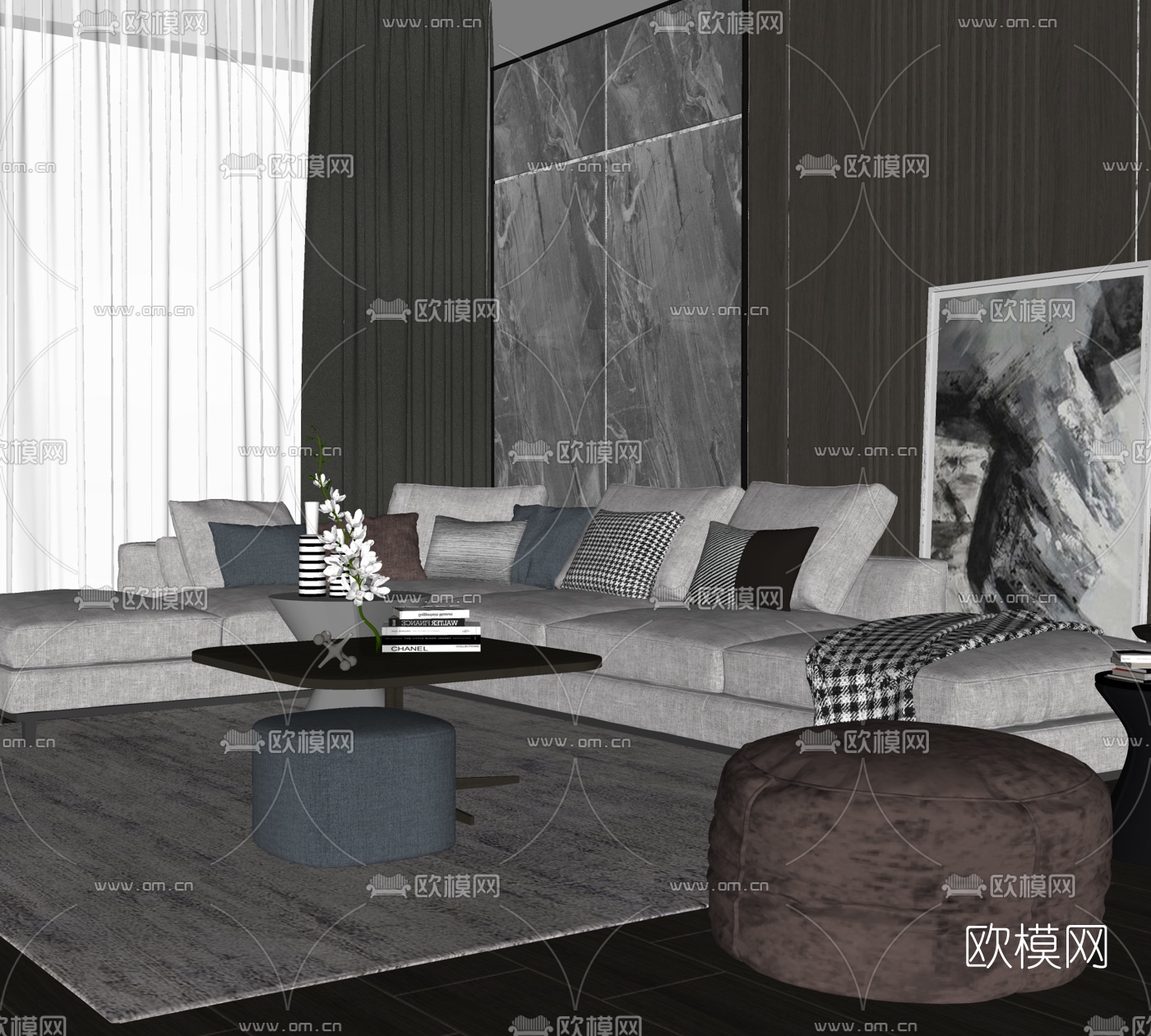 现代布艺组合沙发免费su模型下载