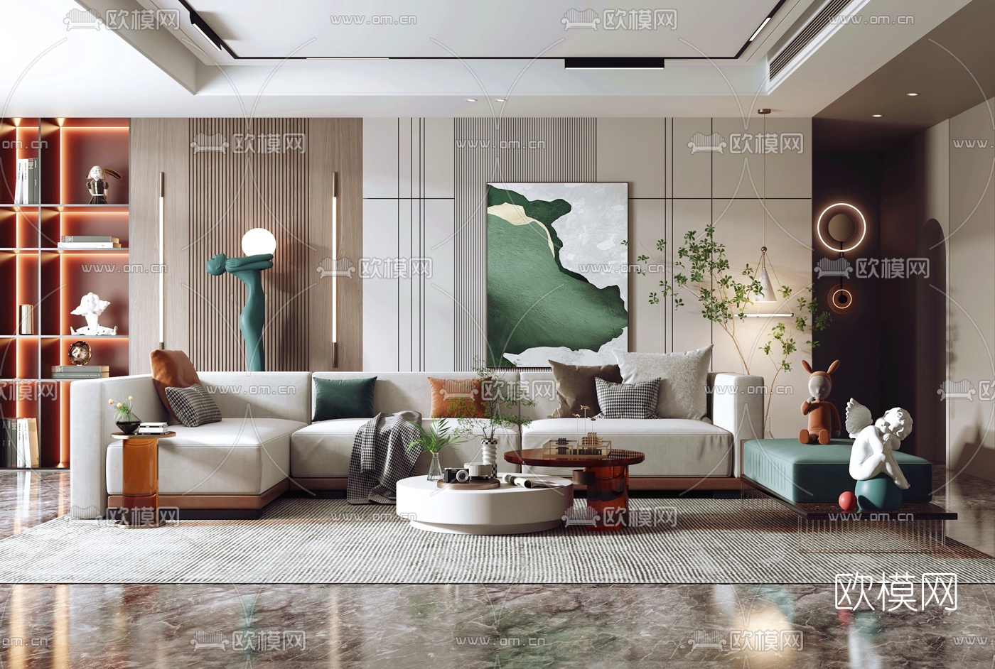 现代布艺转角沙发组合3d模型下载