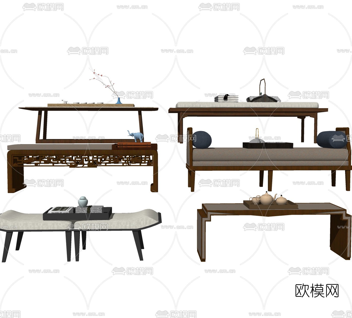 新中式布艺床尾凳脚踏su模型下载