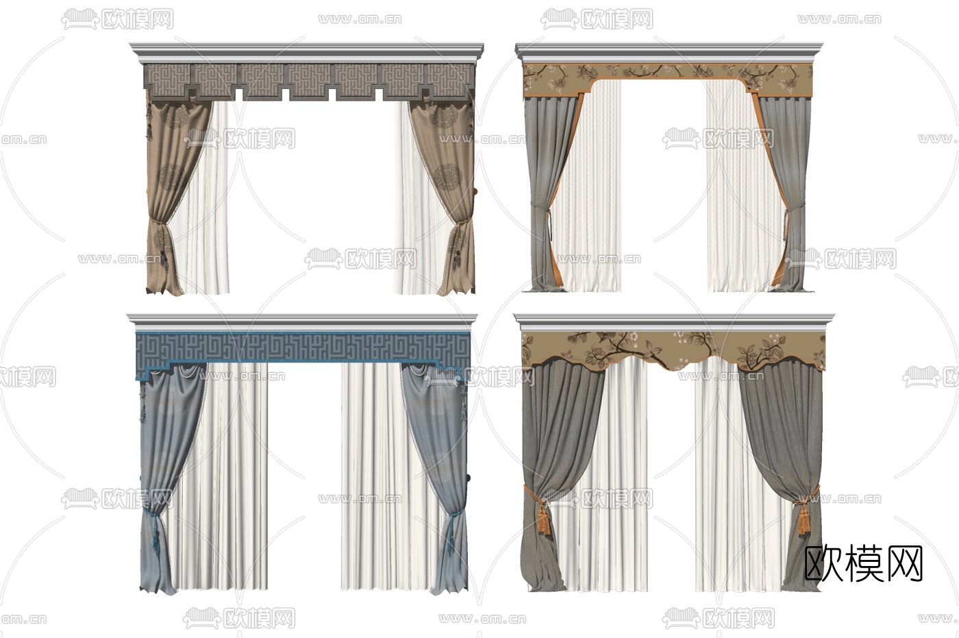 新中式布艺窗帘组合su模型下载