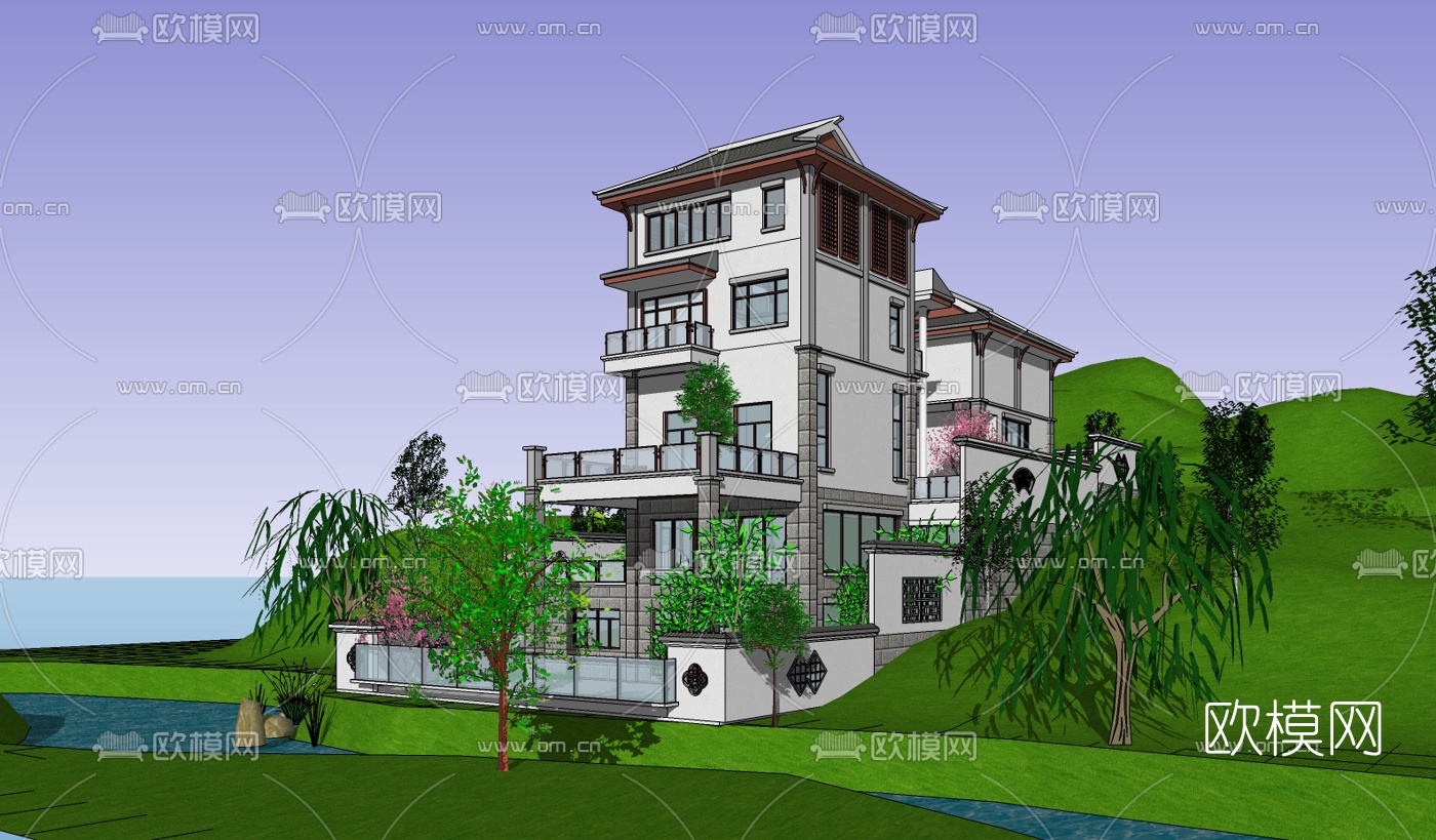 中式山地别墅su模型下载（渲染图1）