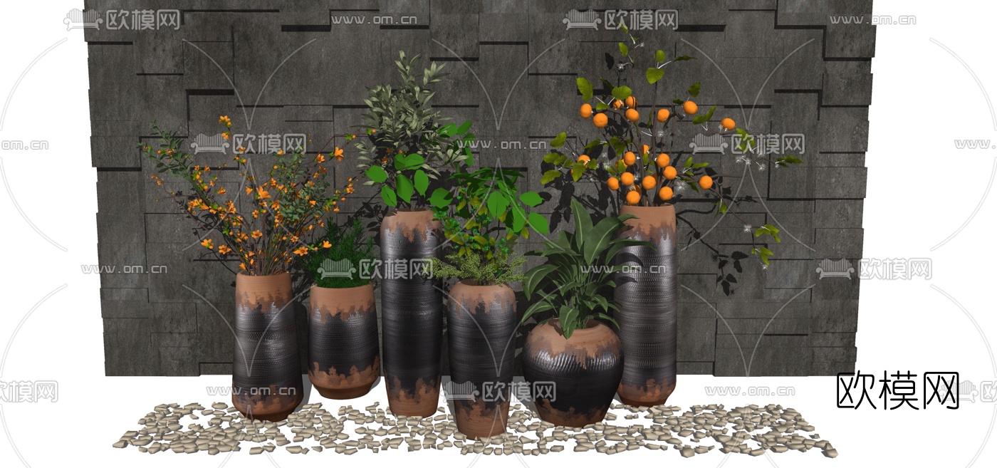 新中式陶罐植物盆栽组合su模型下载（渲染图1）