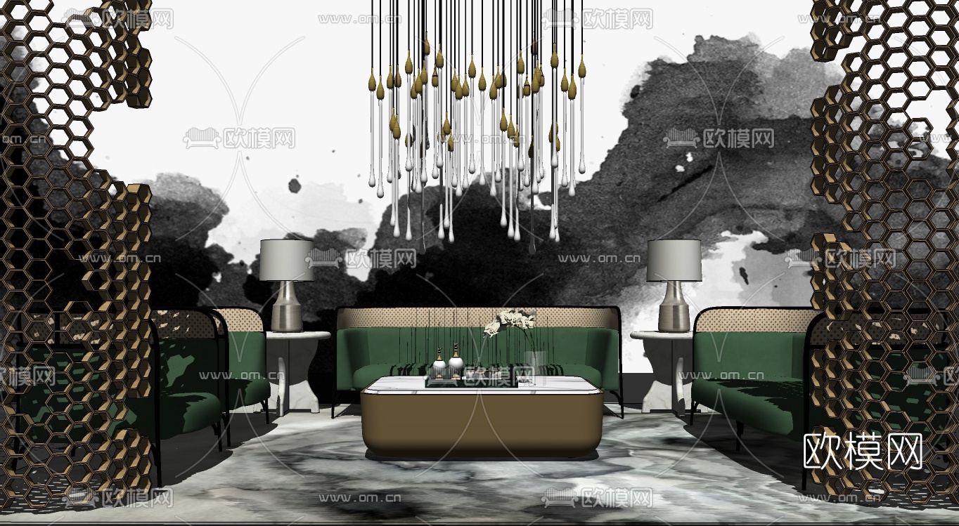 现代轻奢布艺沙发组合su模型下载