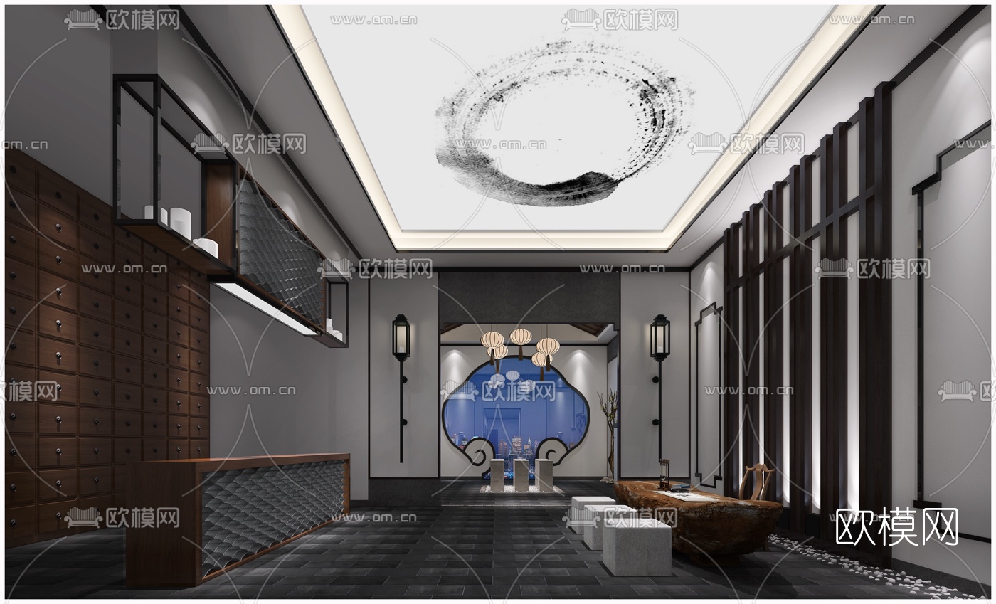 中式会所大厅庭院过道组合3D模型