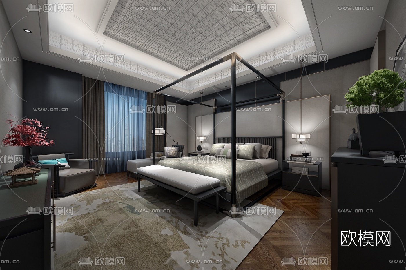 东合设计 新中式卧室主人房3d模型