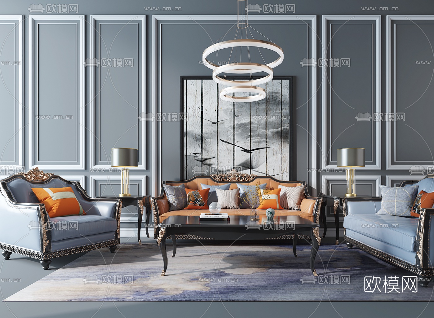 简欧皮革沙发组合3d模型下载