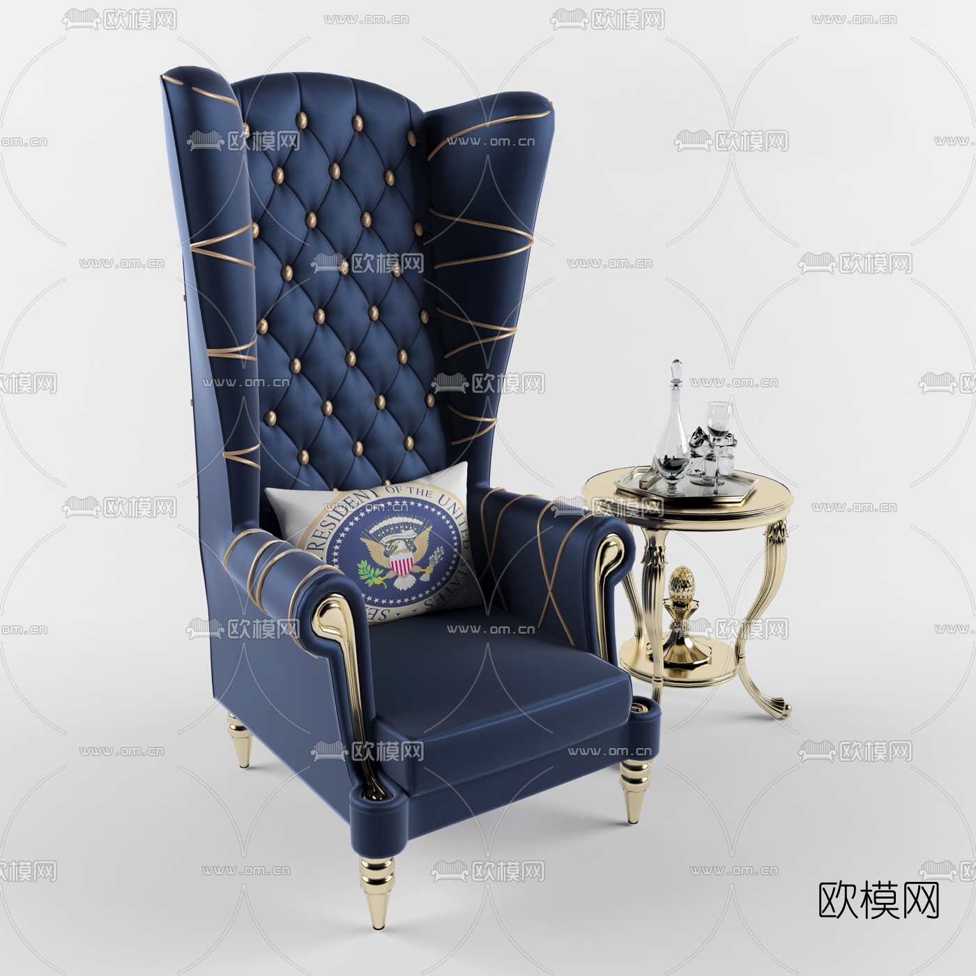 欧式布艺高背沙发圆几组合3D模型