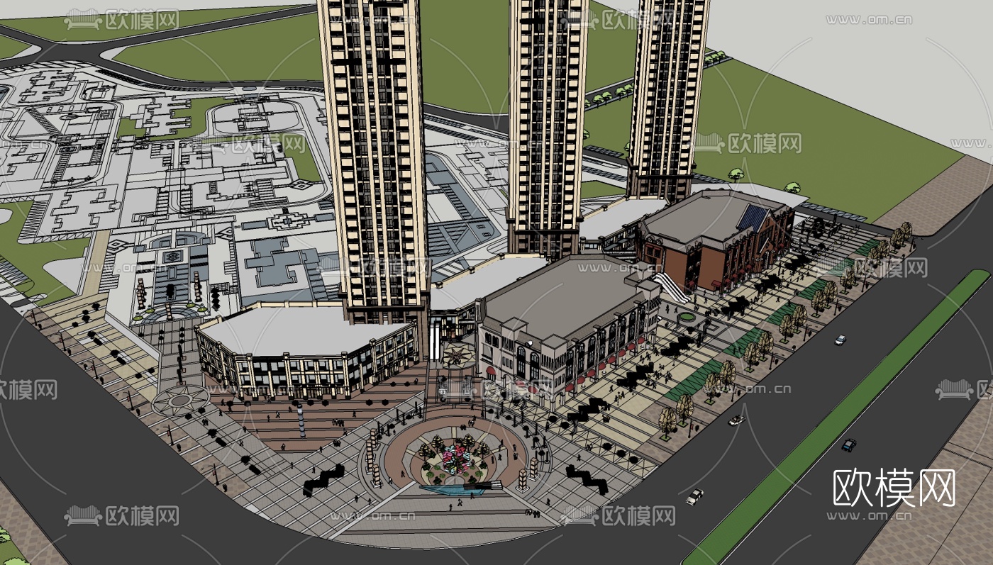 欧式商业街su模型下载（渲染图1）